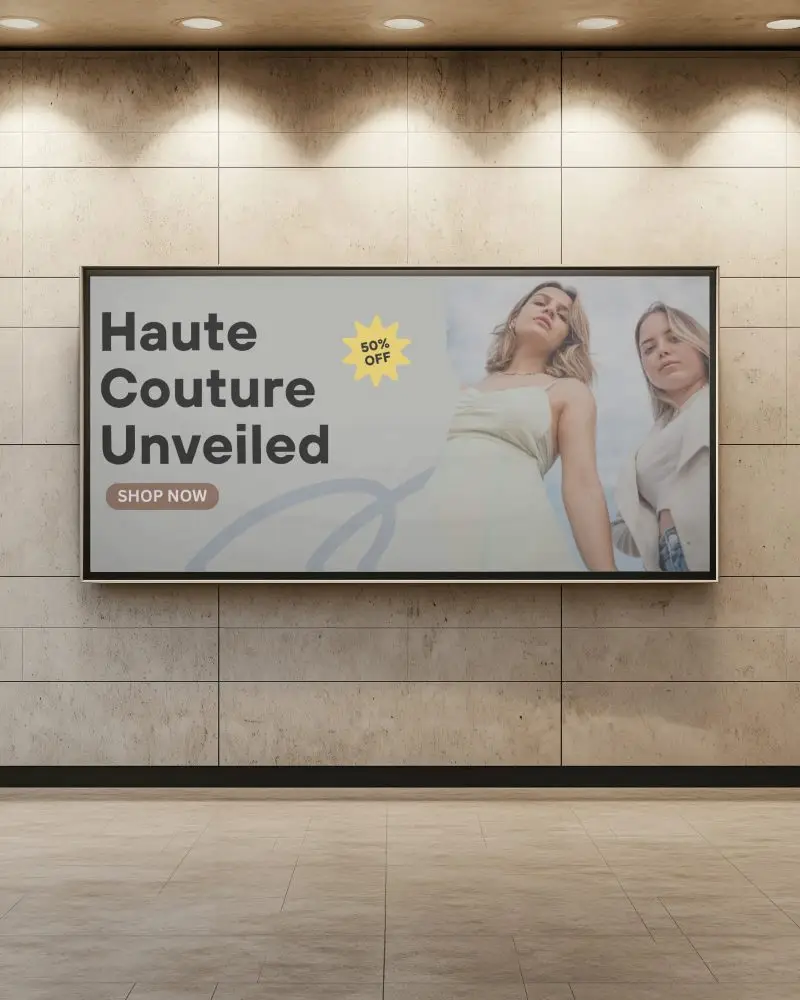 Modern Indoor Horizontal Billboard Mockup Mounted On Stone Wall Under Recessed Ceiling Lights