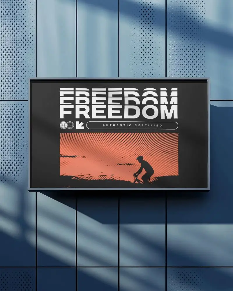 Bold Horizontal Billboard Mockup On Blue Metallic Wall With Sunlight And Shadows