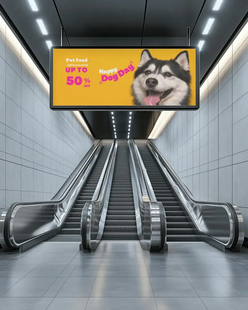 Futuristic Subway Billboard Mockup Stainless Steel Escalator Tunnel High Contrast Lighting