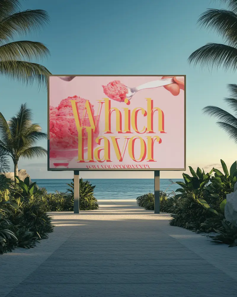 Seaside Advertising Billboard Mockup In Tropical Pathway Setting Featuring Scoop Of Ice Cream
