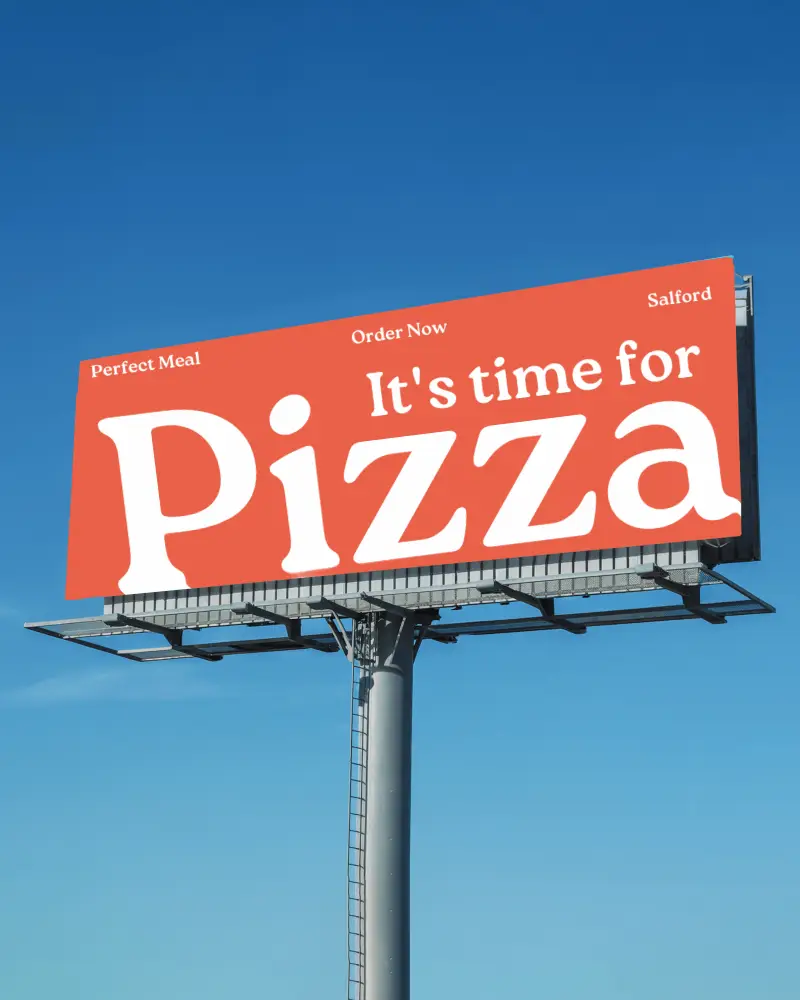 Urban Roadside Billboard Mockup With Orange Pizza Promo Design Minimal Text On Clean Sky