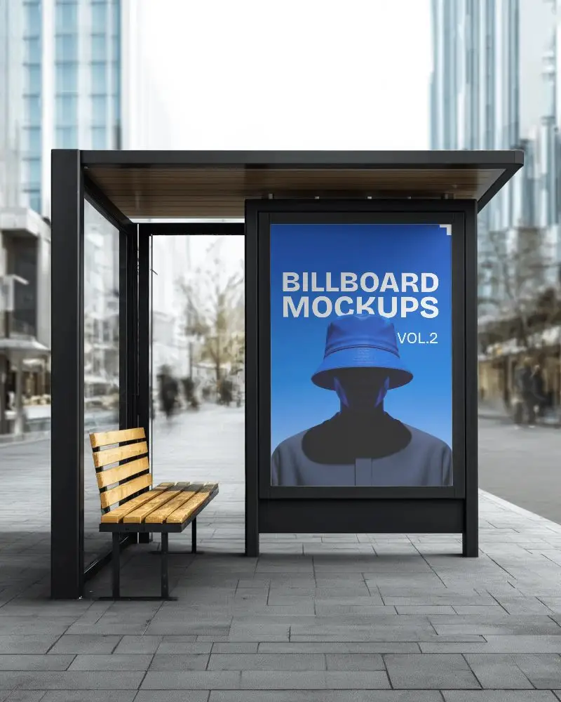 Urban Bus Stop With Large Advertising Billboard And Bench For Waiting Passengers 0317