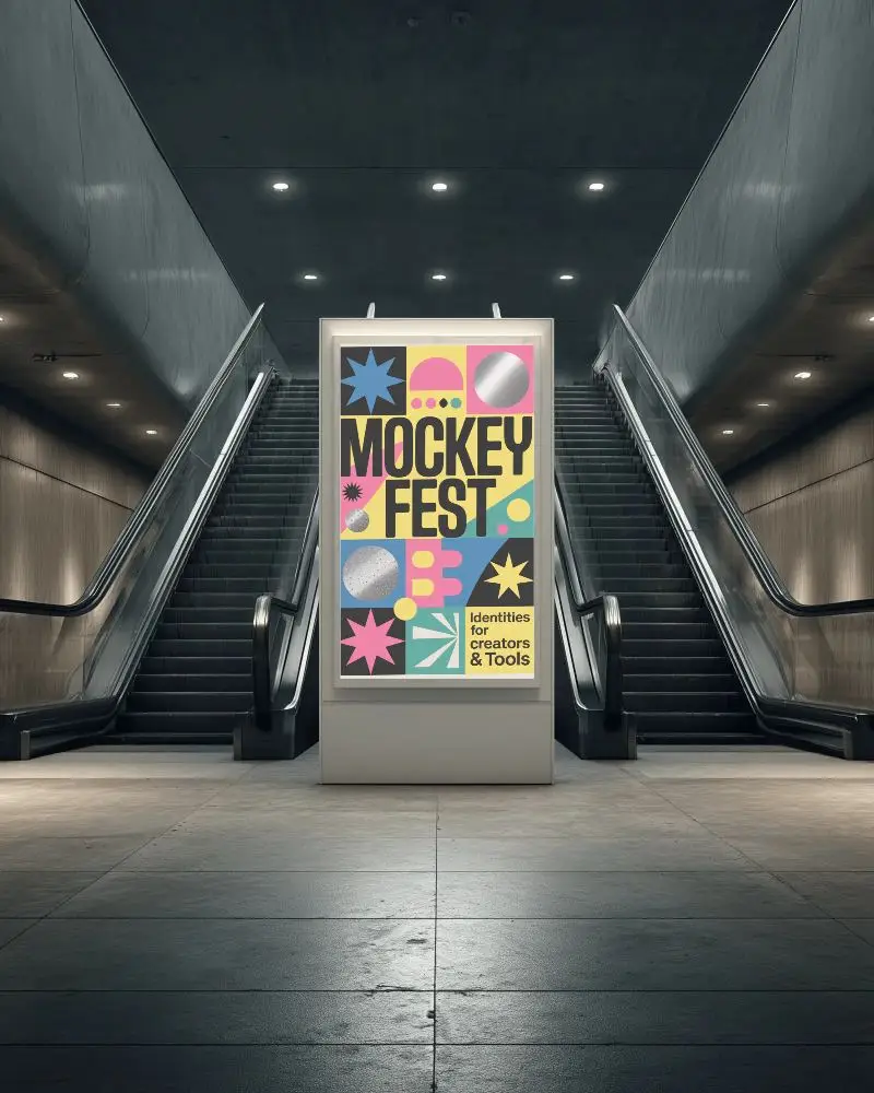 Modern Underground Station Billboard Display Between Parallel Escalators Design Concept 0321