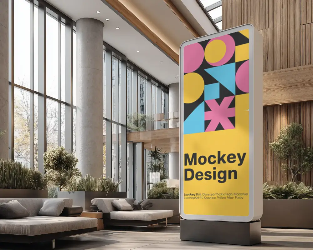 Modern Lobby Digital Billboard Mockup With Large Vertical Display For Advertisements 0329