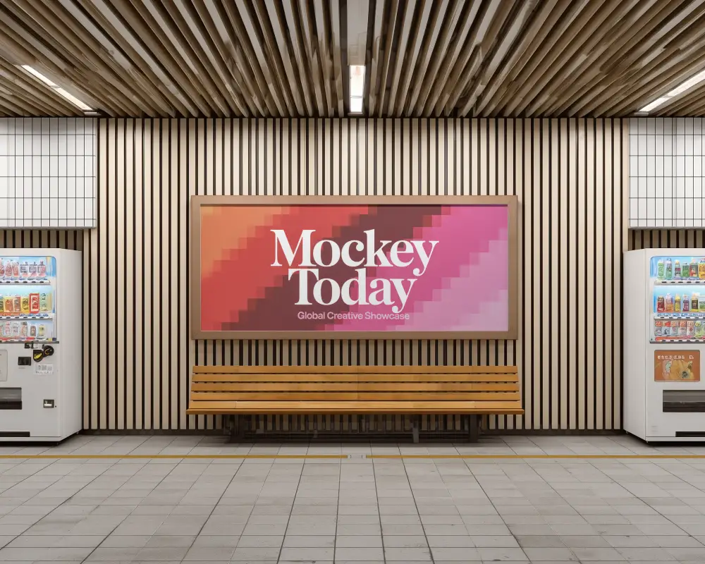 Large Urban Billboard Mockup In Subway Station With Striped Wall Background 0330