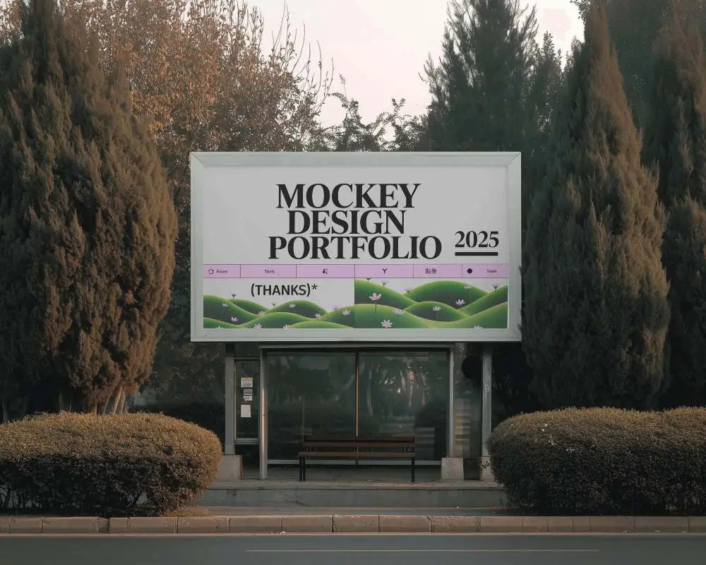 Outdoor Billboard Mockup In Bus Stop Surrounded By Tall Trees And Green Bushes Scene 0354