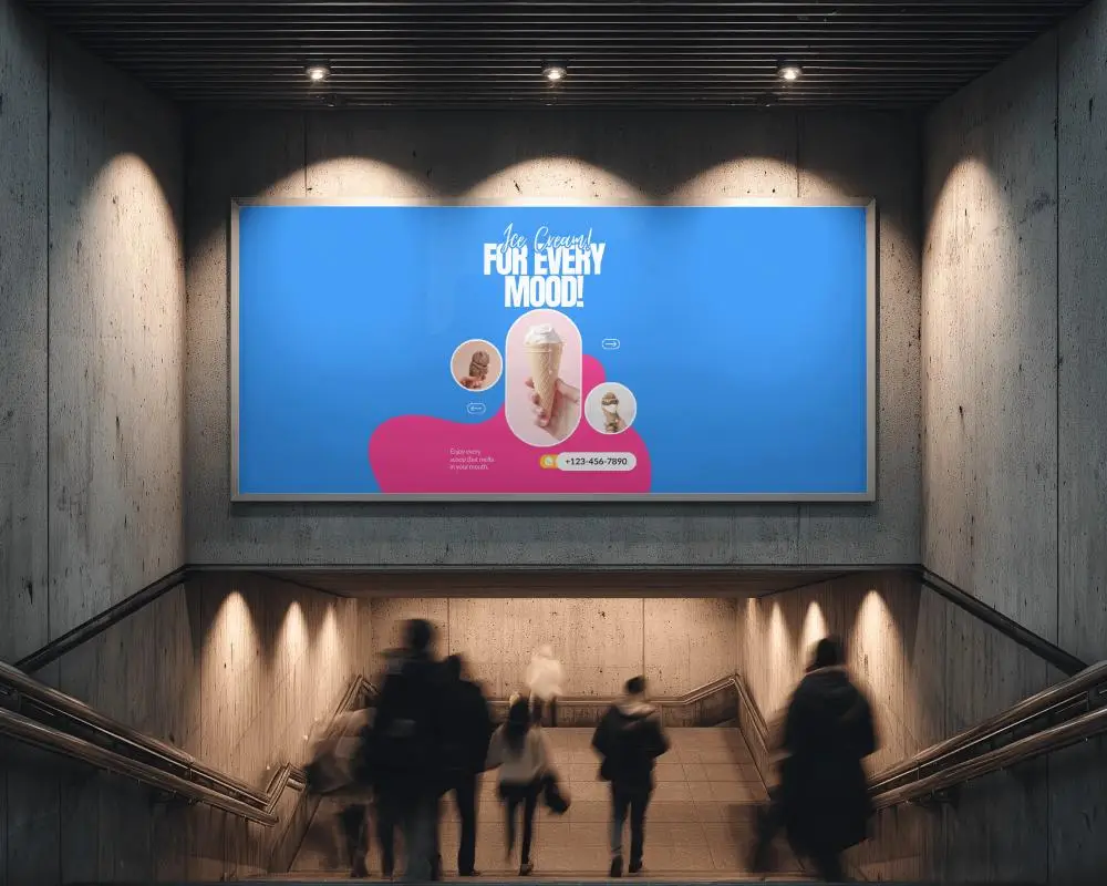 Urban Pedestrian Subway Stairs With Empty Horizontal Billboard Mockup 0355