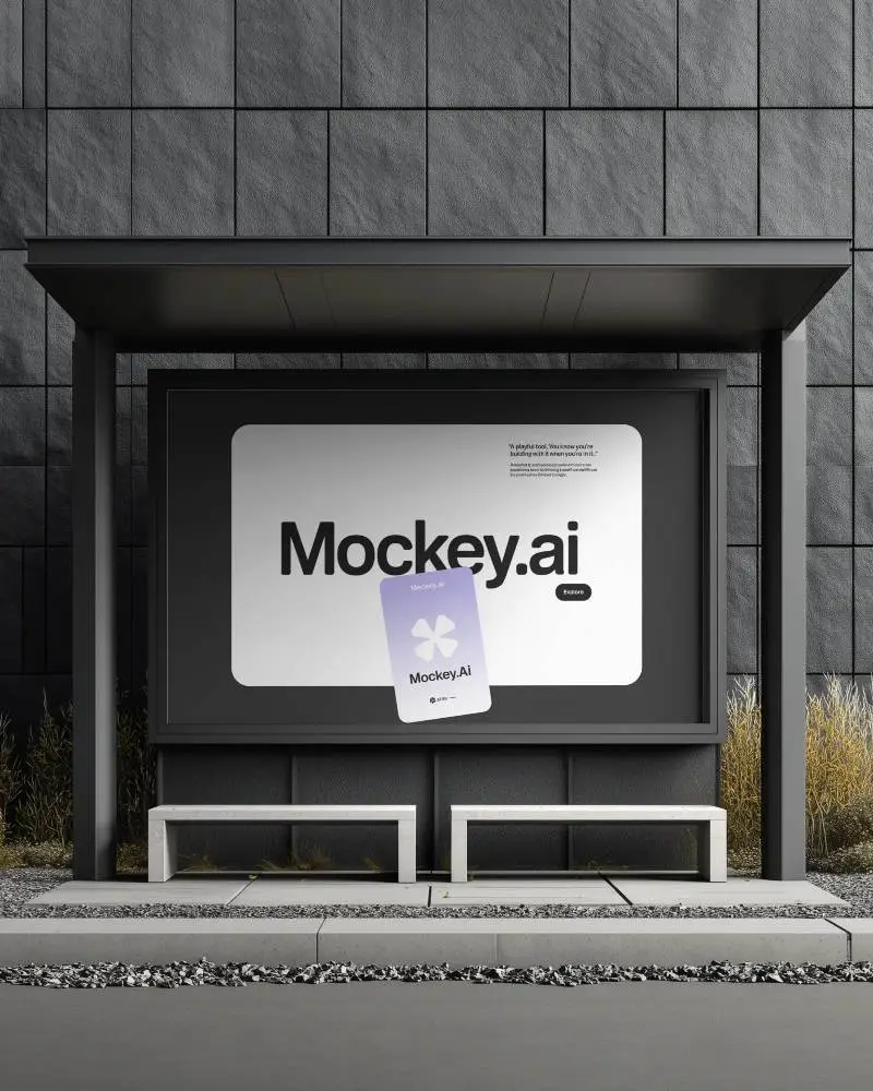 Roadside Billboard Mockup Shelter Style Dark Wall With Bench Minimal