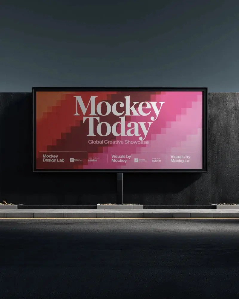 Nighttime Horizontal Billboard Mockup Against Black Wall With Reflection Matte Frame