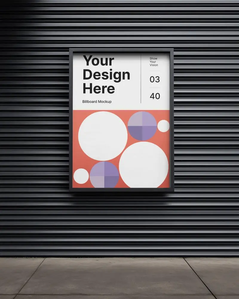 Vertical Billboard Mockup On Striped Black Metal Wall Minimalistic Street Backdrop