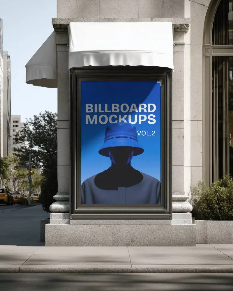 Luxury Vertical Street Billboard Mockup On Stone Building Wall With Awning