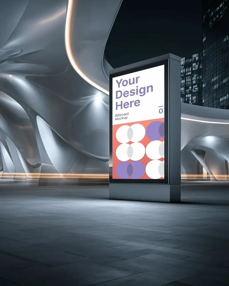 Illuminated Urban Billboard Mockup For Advertising In Futuristic Architecture Setting At Night 0369
