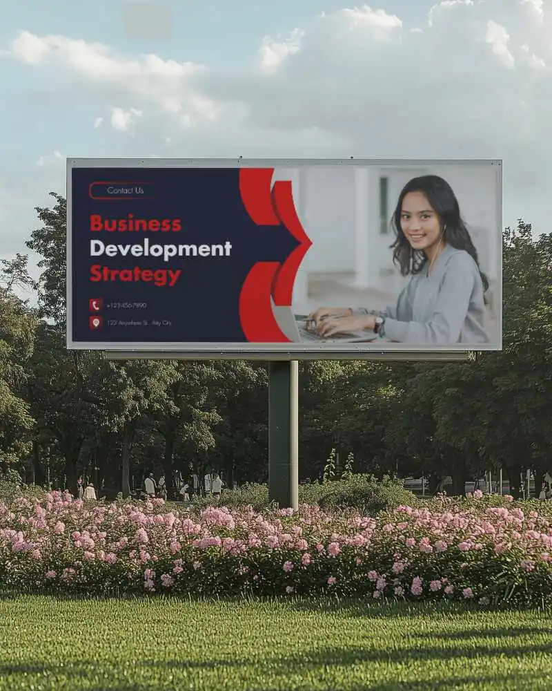 Park Billboard Mockup With Flowers And Trees In Natural Light