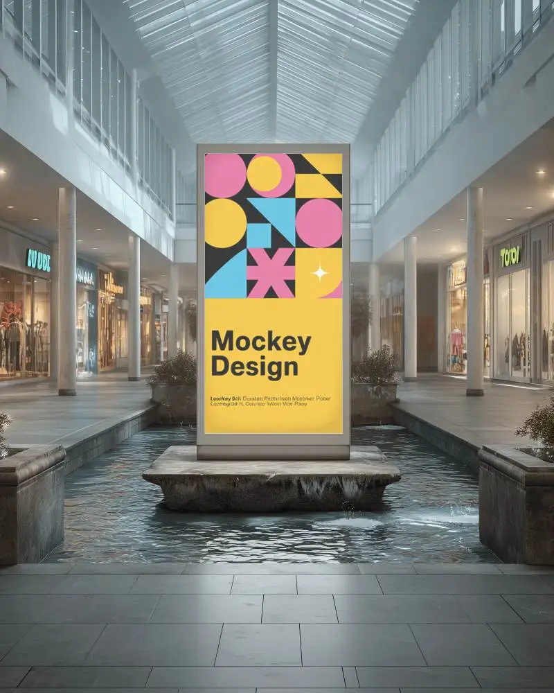 Freestanding Vertical Digital Billboard Mockup In Modern Retail Center Indoor Space 0376
