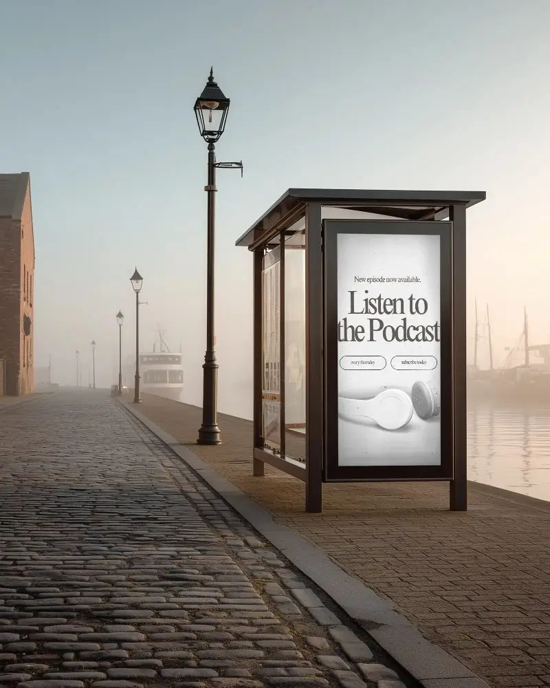 Urban Billboard Mockup On Cobblestone Street By Waterfront With Harbor Vintage Lamps 0378