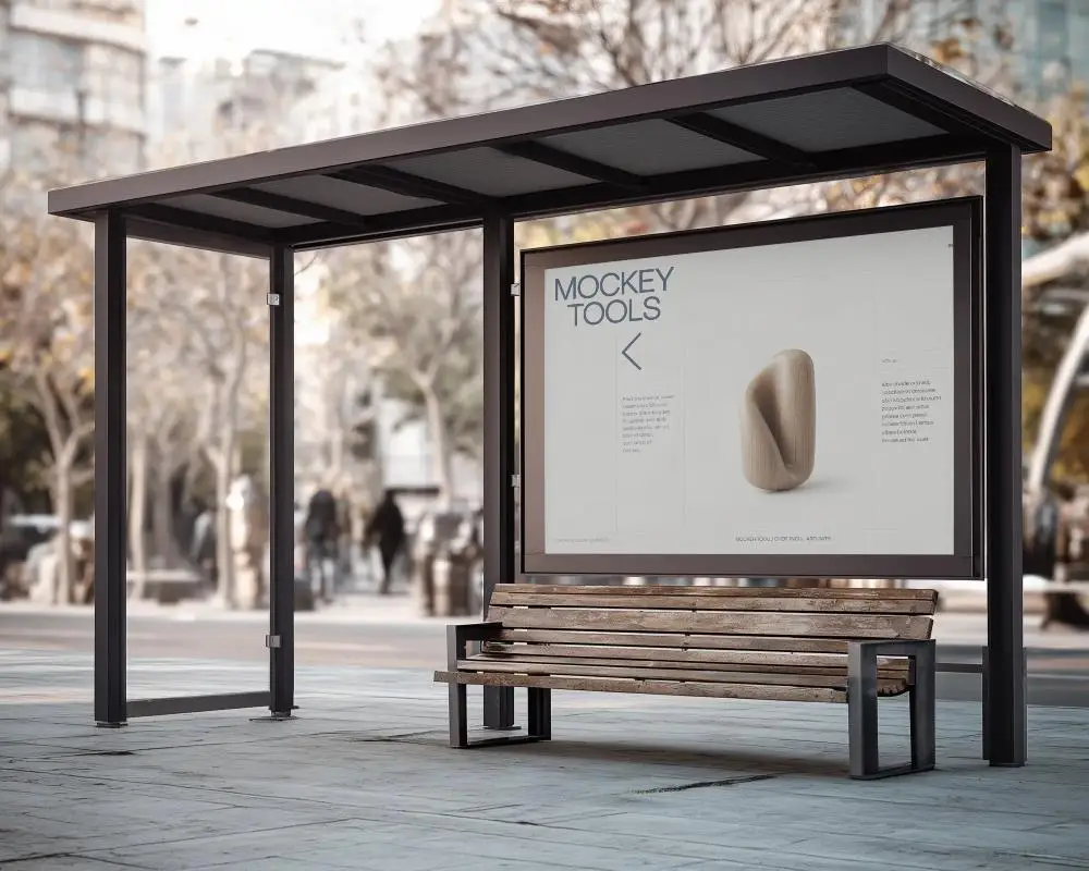 Urban Bus Stop With Large Advertising Billboard Mockup And Wooden Bench Seating 0379
