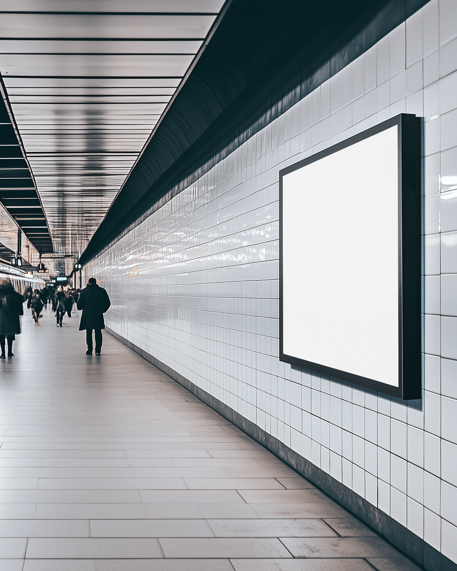 Subway Station Billboard Mockup With Clean Tiles And Walking Commuters