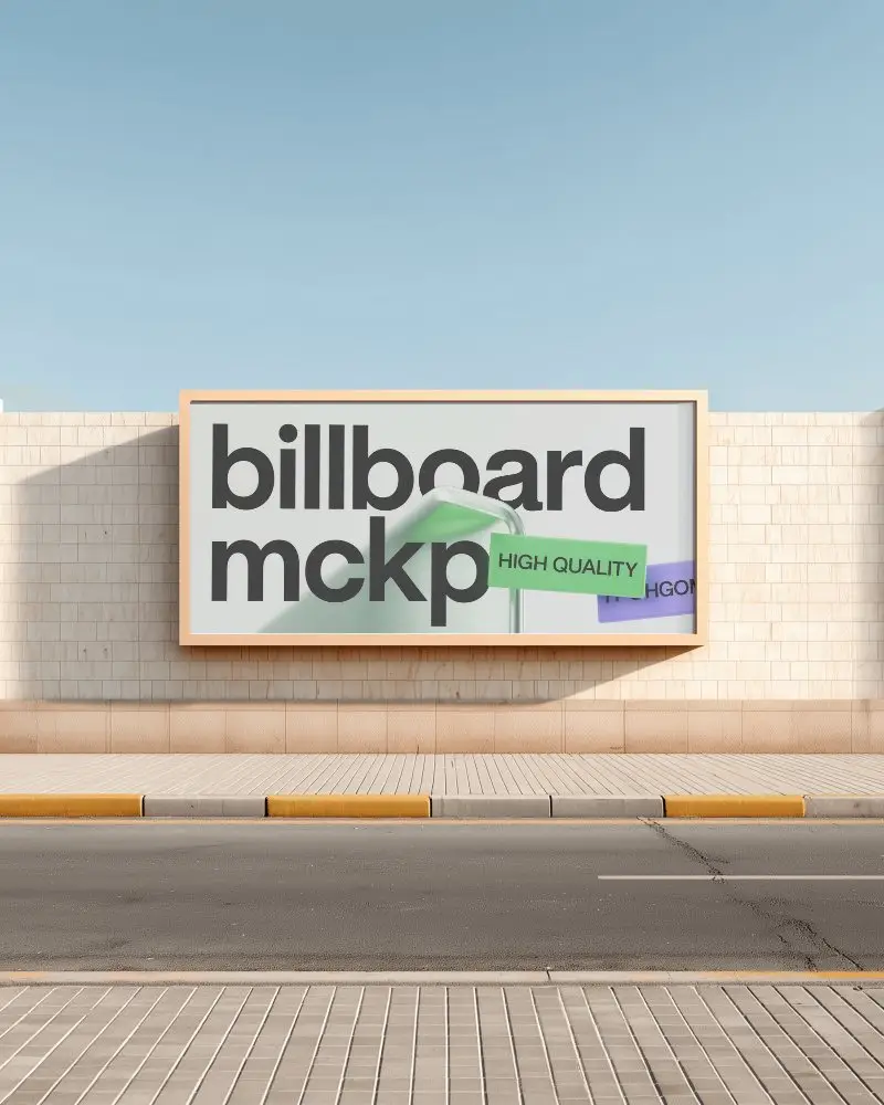 Roadside Horizontal Billboard Mockup Sunny Street Wall With Clean Stone Tiles