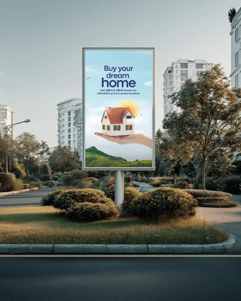 Billboard Mockup Vertical Roundabout Scene Surrounded By Trees And Residential Units