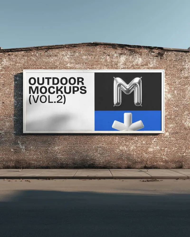 Horizontal Billboard Mockup Old Rustic Brick Wall Layout With Roadside Pavement