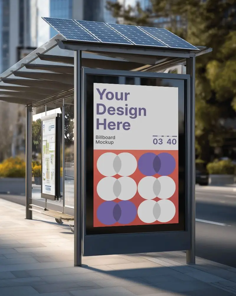 Vertical Billboard Mockup Transit Shelter Under Solar Roof Modern Street Location