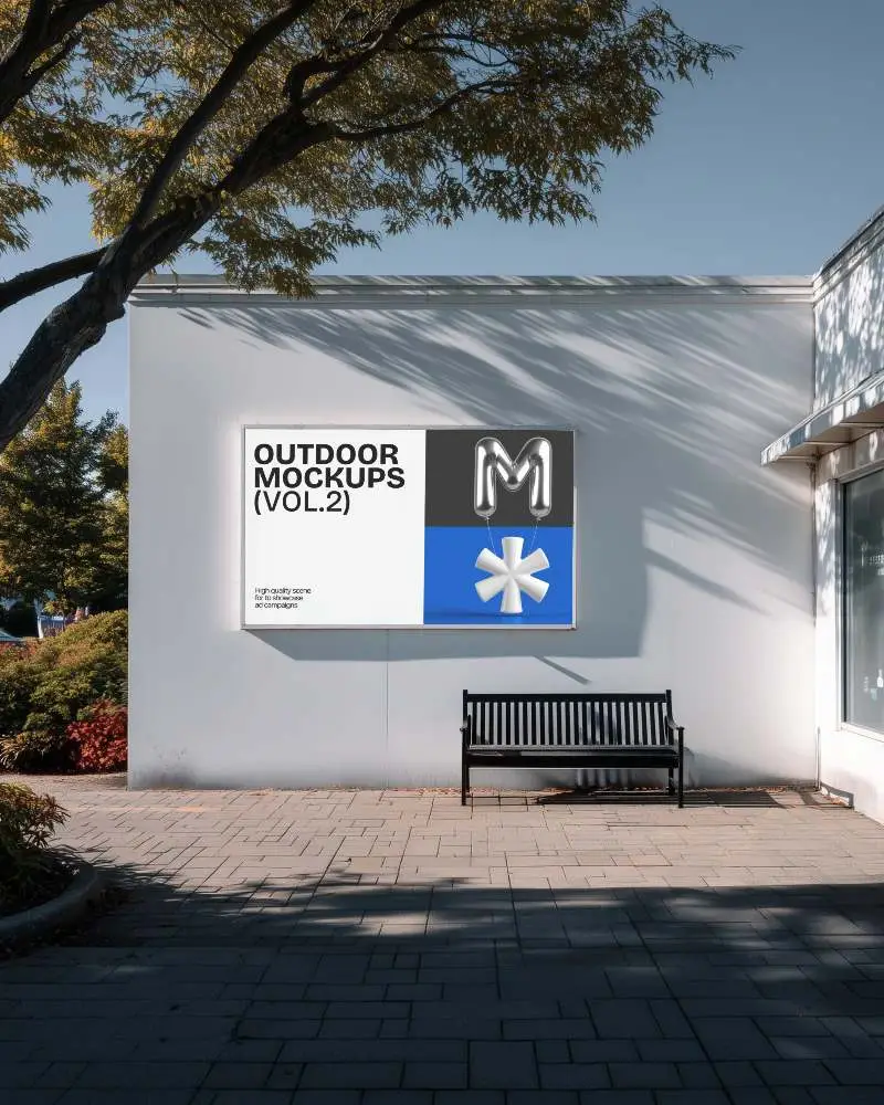 outdoor-billboard-mockup-white-wall-and-bench-under-tree-soft-shadows-peaceful-scene
