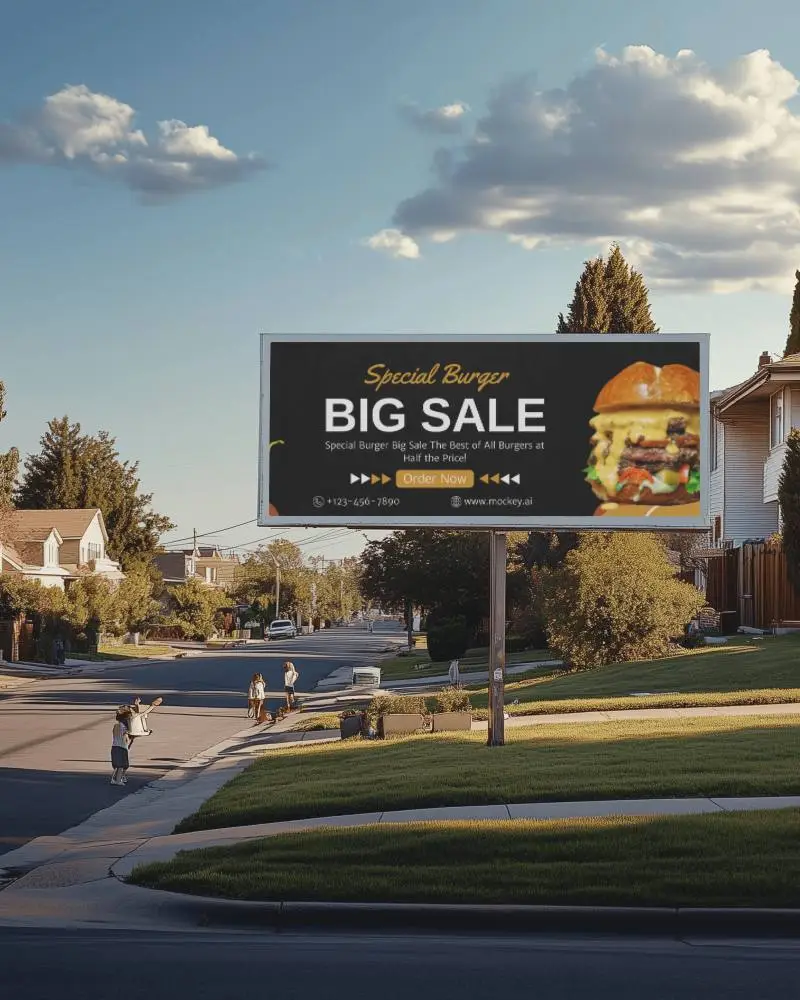 Suburban Billboard Mockup With Tree Lined Street And Blue Sky Background