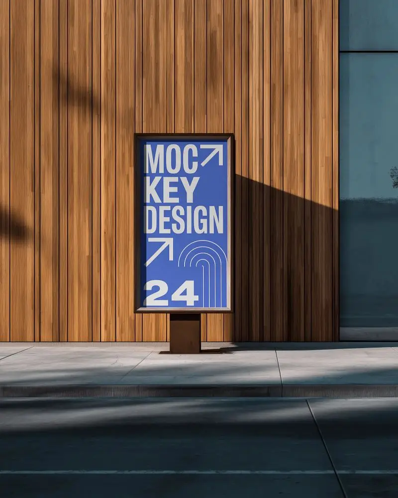 Vertical Billboard Mockup Wooden Wall Backdrop Sunny Sidewalk Modern Minimalist Setting