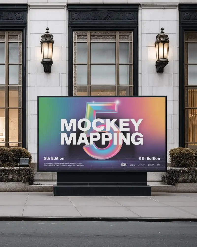 Horizontal Billboard Mockup Classic White Building Golden Window Lamps Urban Chic Style