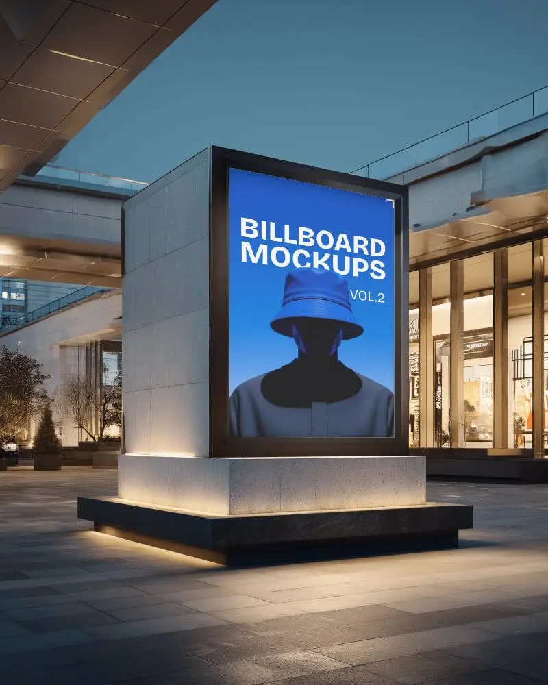 Billboard Mockup Retail Mall Evening Lighting Concrete Pillar Modern Storefront