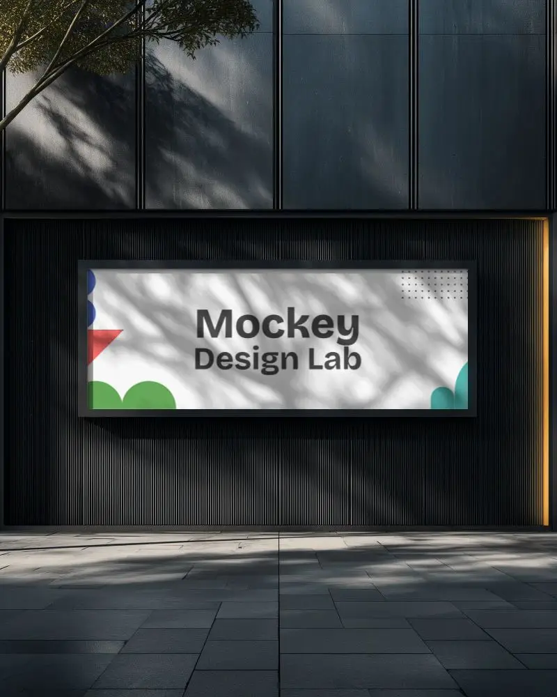 Horizontal Billboard Mockup Dark Wall Shadow Casting Tree Luxury Architectural Setting