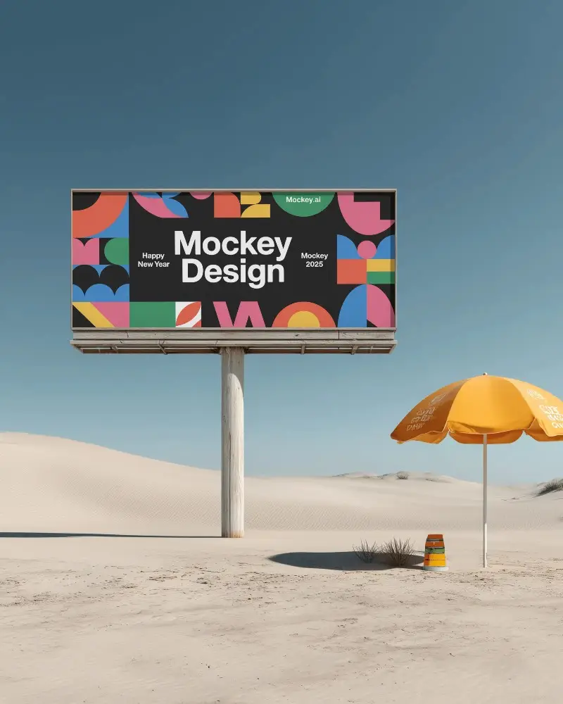 Desert Billboard Mockup Yellow Umbrella Sandy Dunes Clear Sky Dry Vacant Promotion Spot