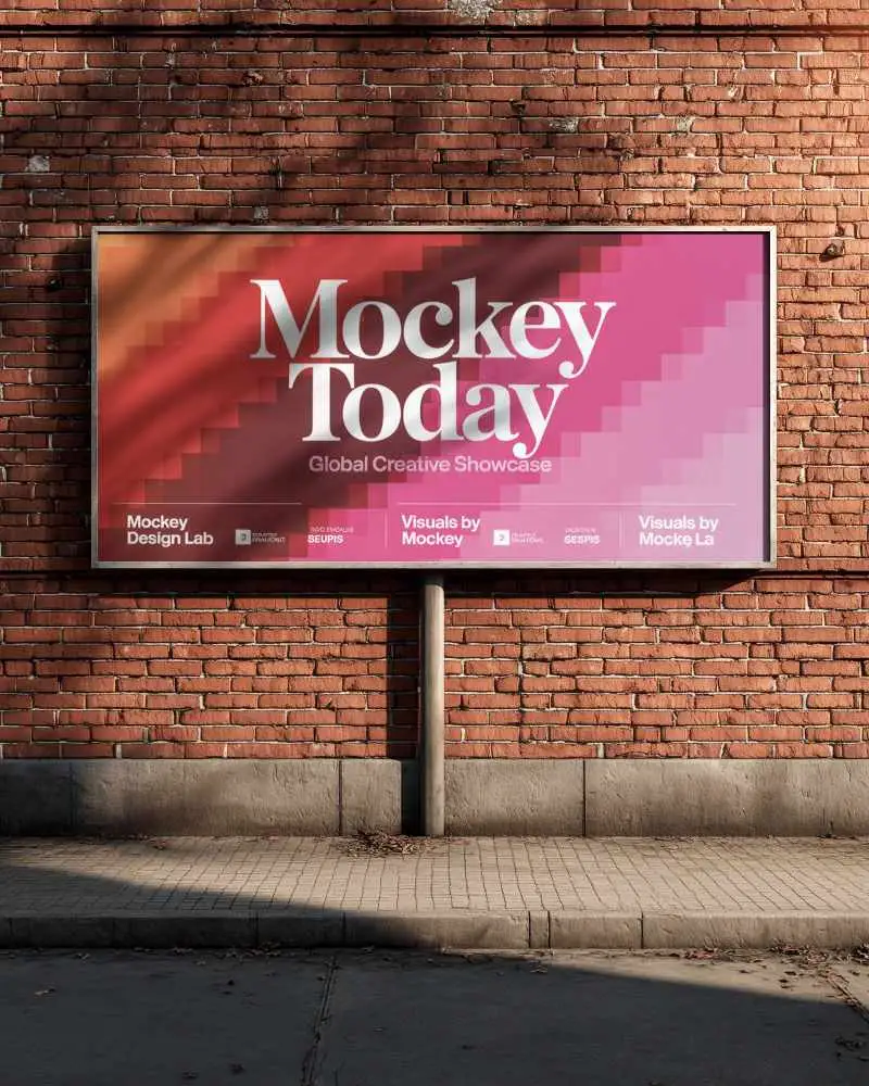 Brick Wall Billboard Mockup Red Textured Background Afternoon Shadows Street Level Sign