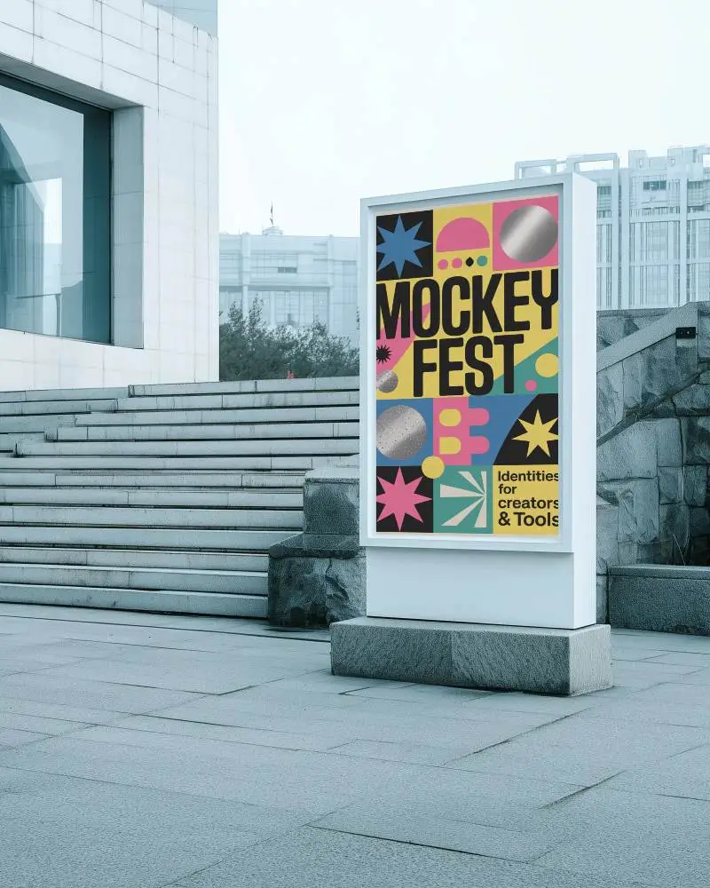 Ertical Billboard Mockup Modern Concrete Staircase Blue Tones Urban Government Complex