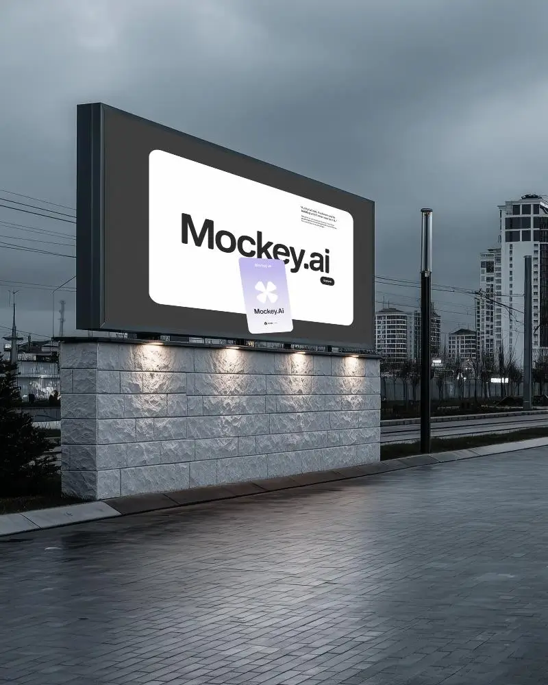 Cityscape Billboard Mockup Evening Blue Lighting Stone Wall Base Urban Skyline Background