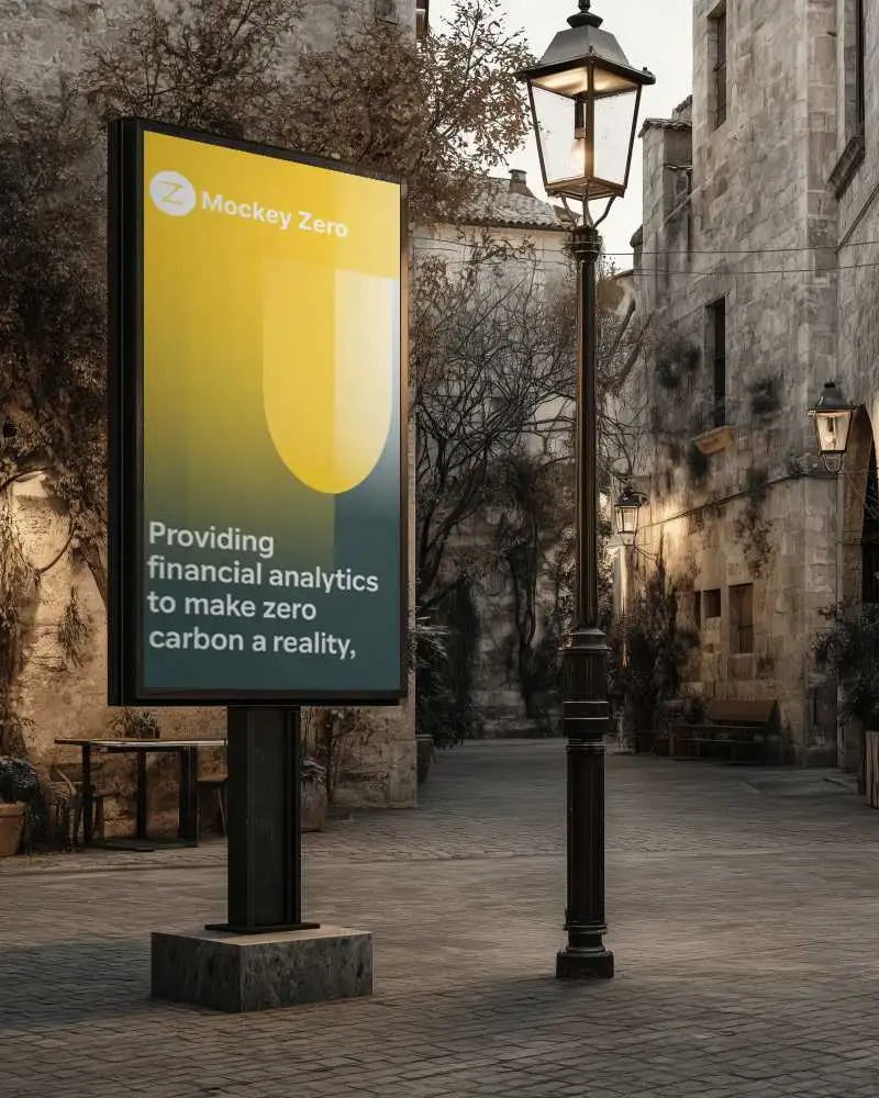 Vintage Street Billboard Mockup Old Stone Alley Warm Evening Lamps Classic European Vibes