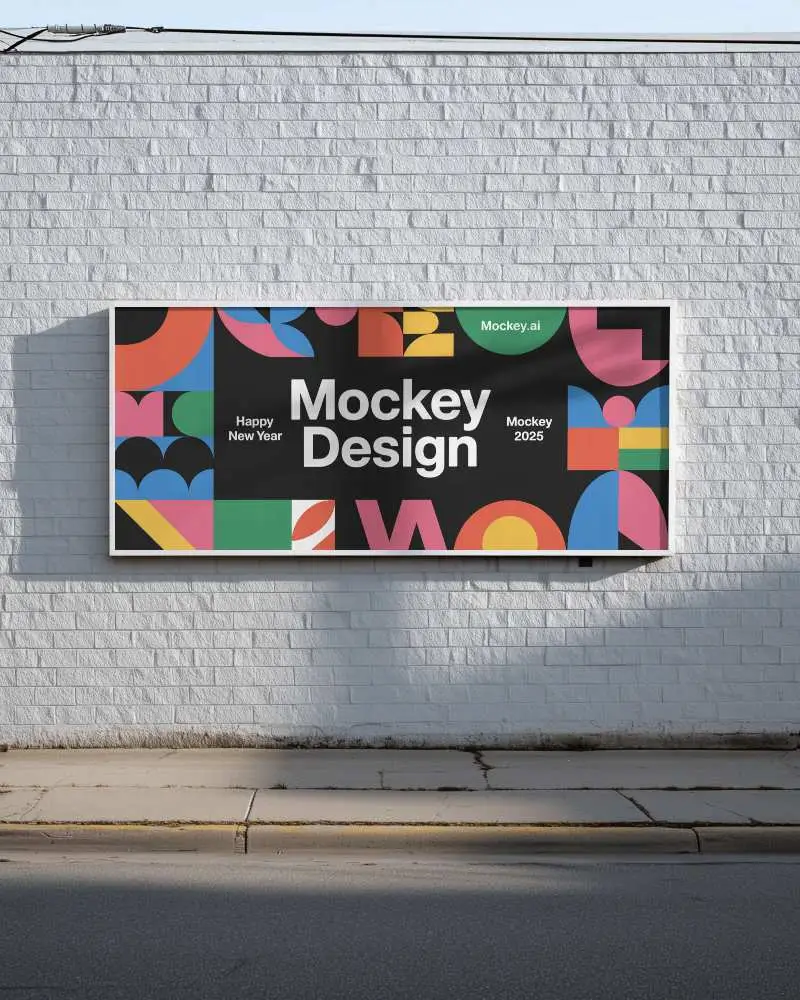 Horizontal Billboard Mockup White Brick Wall Shadow Lines Minimal Clean Daytime Setup