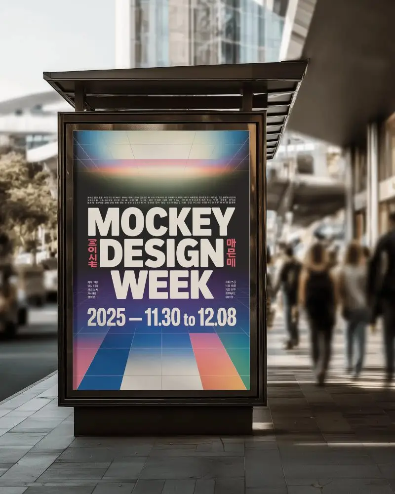 Bus Stop Billboard Mockup Urban Shopping District Blurred People Walking Modern Glass Roof