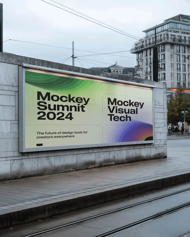 Horizontal Billboard Mockup Marble Wall Light Pollution Urban Tram Track City Metro Scene