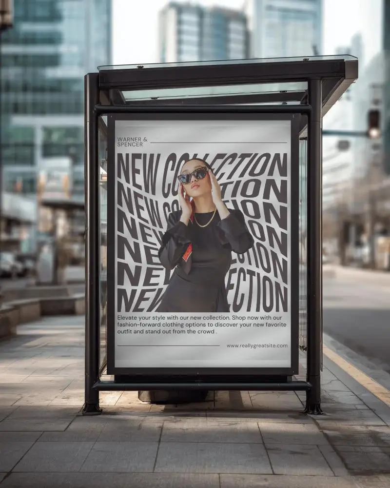 Square Billboard Mockup Modern Glass Shelter Metropolitan Street Empty Morning Business Hub
