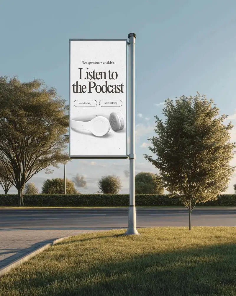 Billboard Mockup Suburban Roadside Green Grass Trees Golden Hour Peaceful Scene