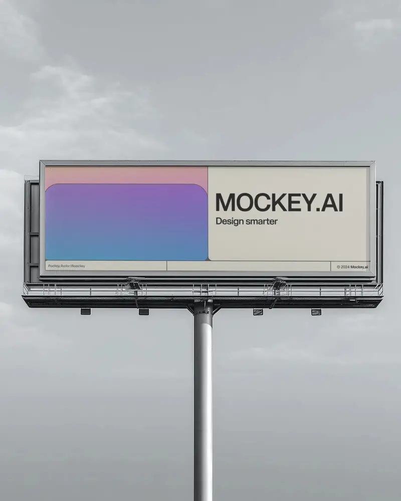 Metallic Highway Billboard Mockup Elevated Pole Grey Sky Industrial Outdoor Minimal