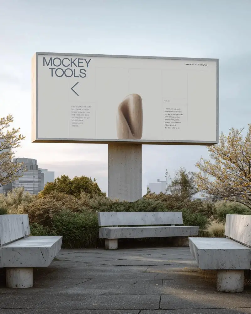 urban-park-billboard-mockup-garden-benches-trees-evening-skyline-nature-meets-cityscape