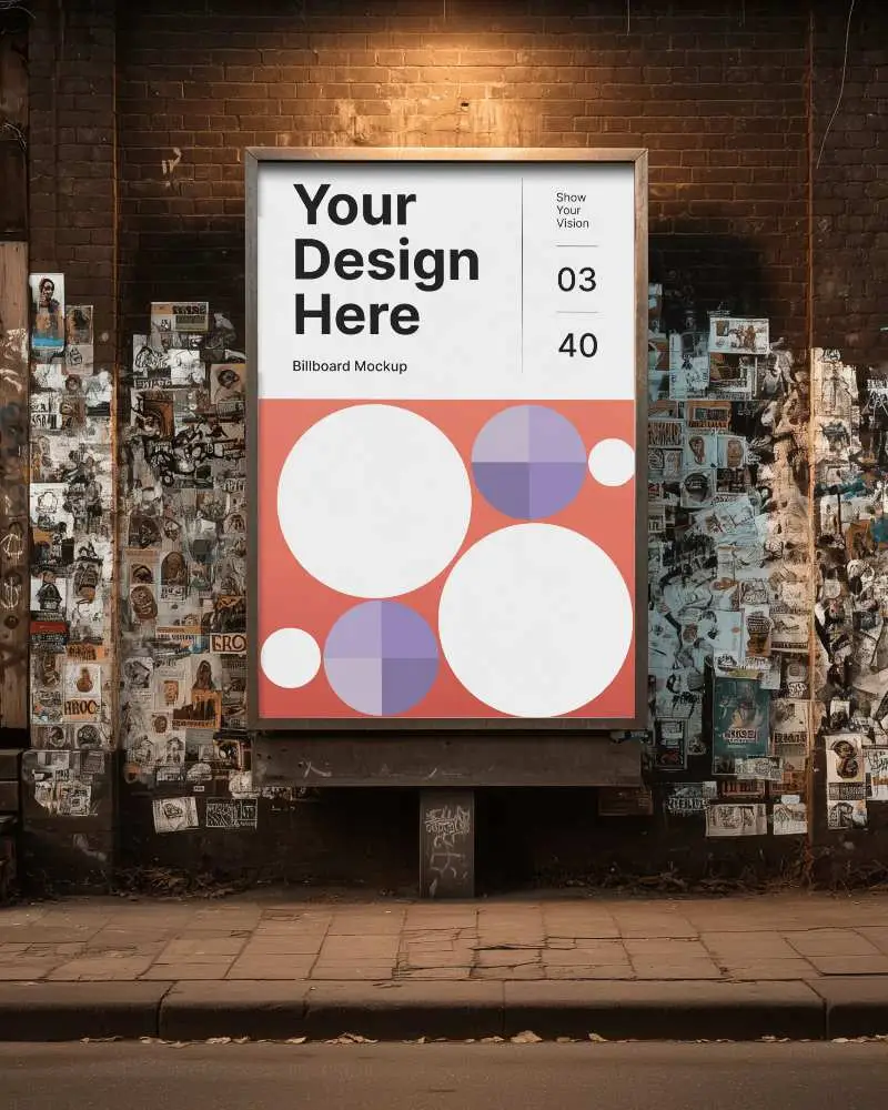 grungy-brick-wall-billboard-mockup-graffiti-stickers-urban-street-light-moody-evening-scene