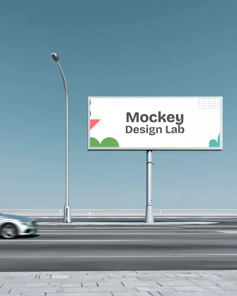 roadside-billboard-mockup-clean-modern-road-blue-sky-motion-blur-car-passing-speed