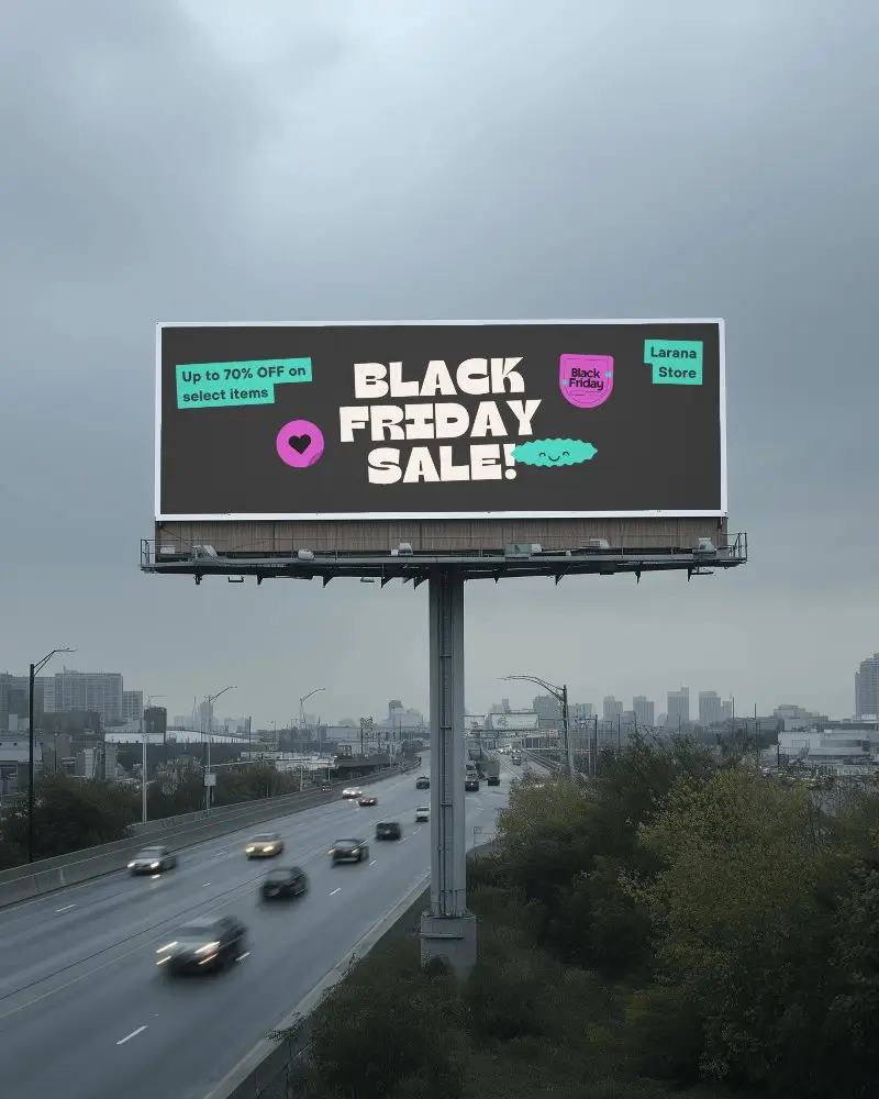 roadside-billboard-mockup-wet-road-evening-urban-skyline-cars-motion-blurred-view