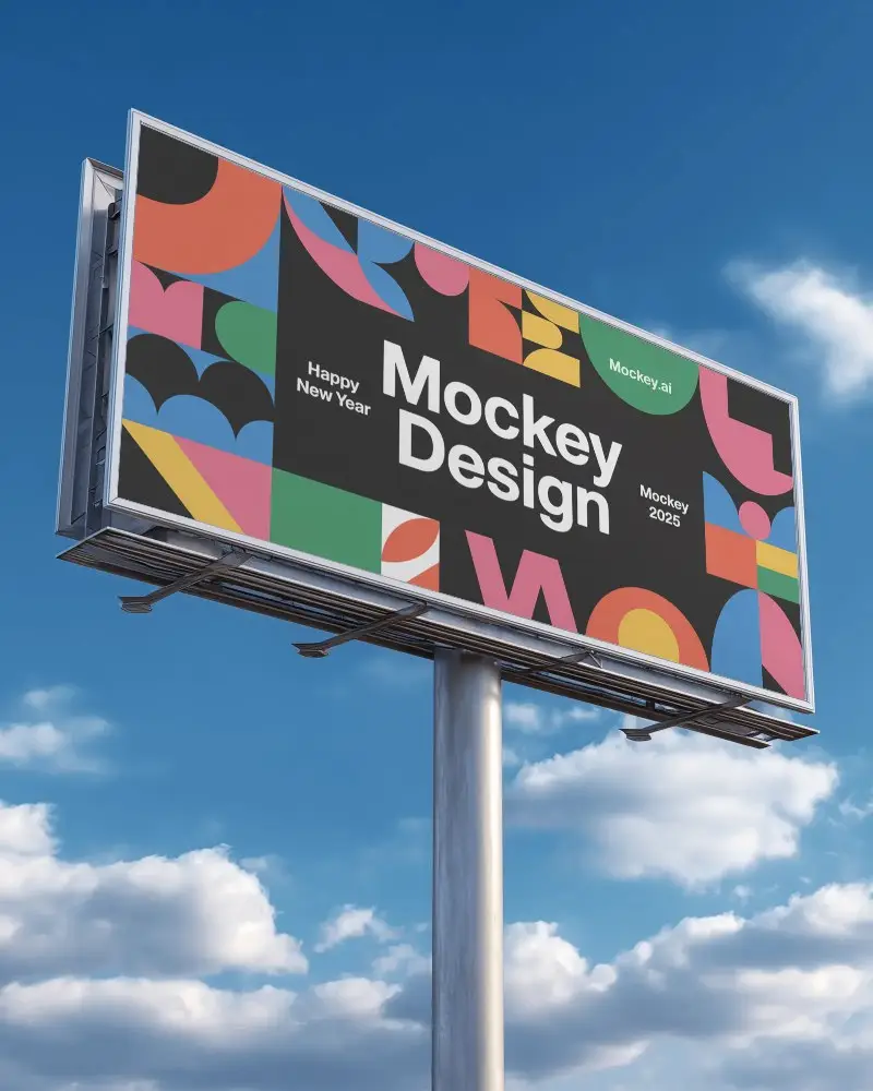 tilted-billboard-mockup-clear-blue-sky-background-puffy-clouds-silver-frame-perspective-view