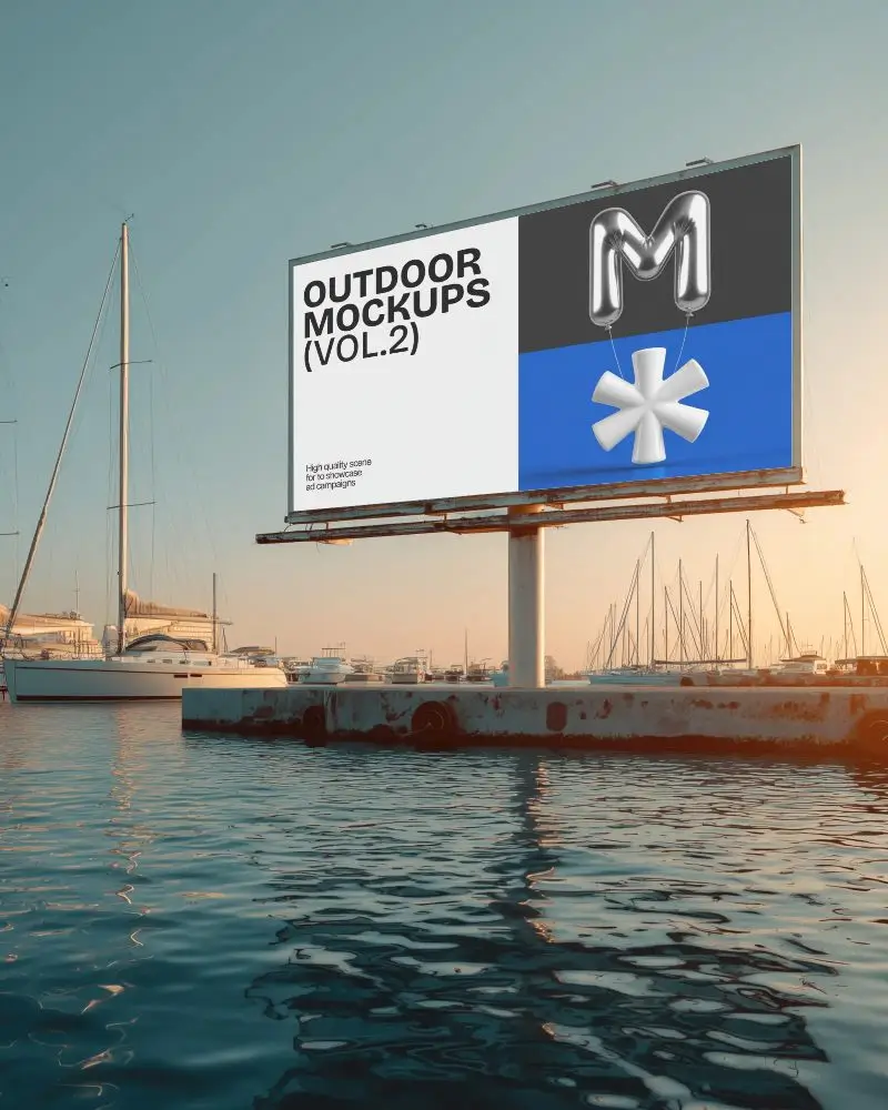 floating-dock-billboard-mockup-marina-sunset-yachts-waterfront-harbor-advertisement-scene