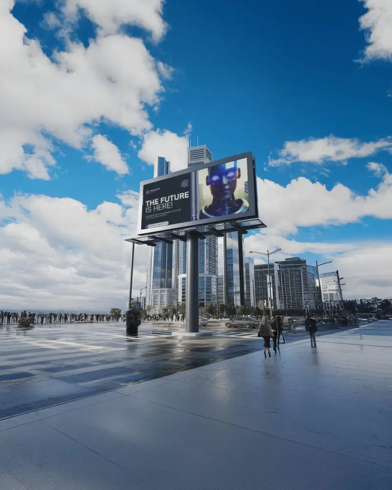 Retro Diner Billboard Mockup With Vintage Cars And Neon Lighting At Night
