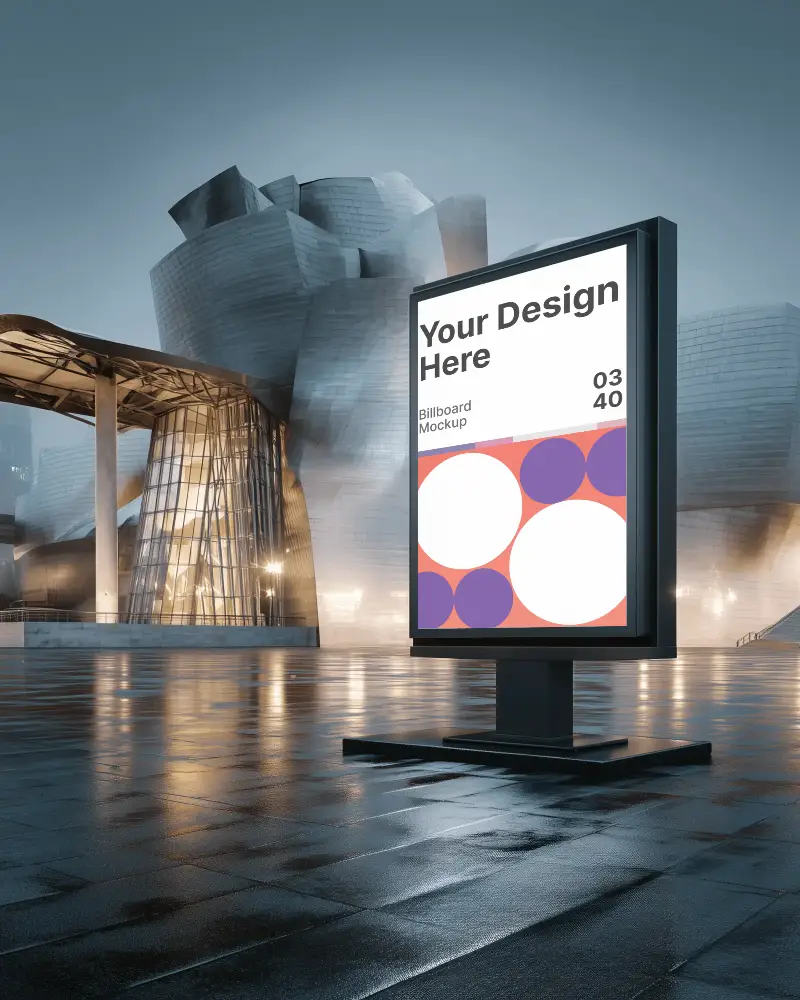 futuristic-museum-billboard-mockup-metallic-architecture-evening-rainy-reflection-modern-art